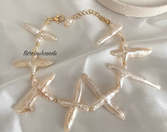 Cross Shaped Natural Fireball Baroque Pearl Gold Filled Anklet , Big Baroque Pearl Anklet , Pearl Anklet Gold