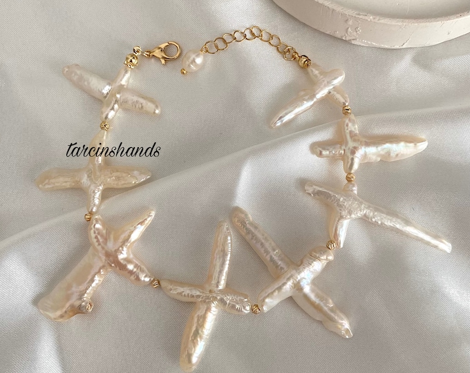 Cross Shaped Natural Fireball Baroque Pearl Gold Filled Anklet , Big Baroque Pearl Anklet , Pearl Anklet Gold