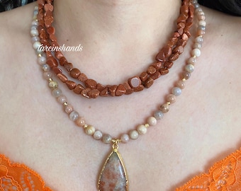 Sunstone Sandstone Multistrand Necklace: Boho Layered Gemstone Gift For