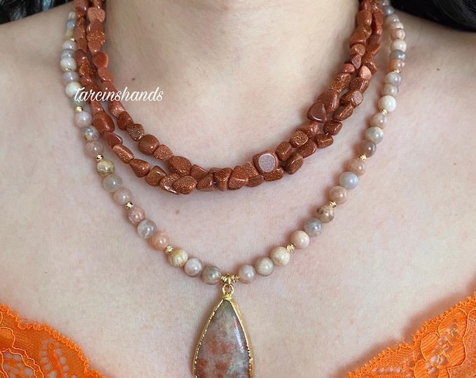 Sunstone and Sandstone Multistrand Necklace,Layered Gemstone Beaded,Elegant Semi Precious Stone,Summer Boho,Handmade Natural Stone Necklace