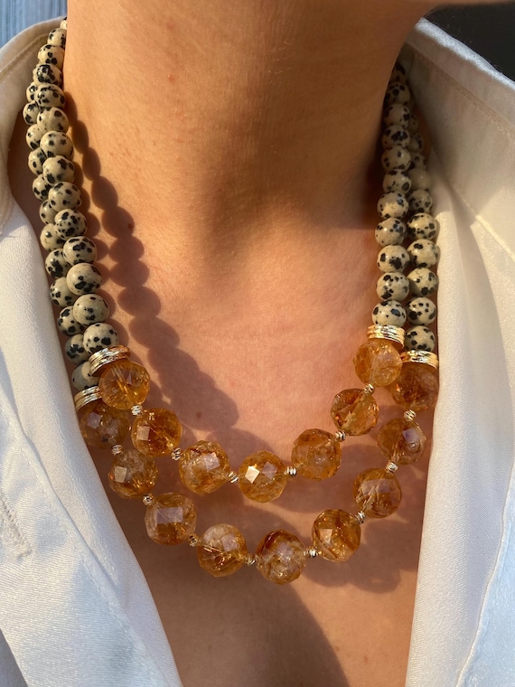 Handmade Citrine & Dalmatian Jasper Multistrand Necklace, Boho Chic