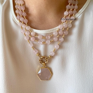 Gold-Plated Rose Quartz Multistrand Necklace with Pendant