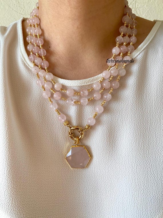 Gold-Plated Rose Quartz Multistrand Necklace with Pendant