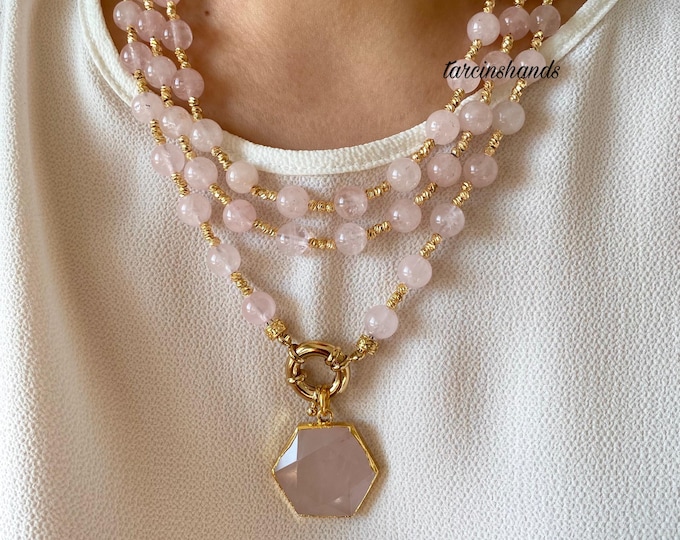 Multistrand Pink Quartz Necklace , Pink Semi Precious Stone Necklace , Statement Quartz Necklace , Gift For Women Birthday , Quartz Jewelry