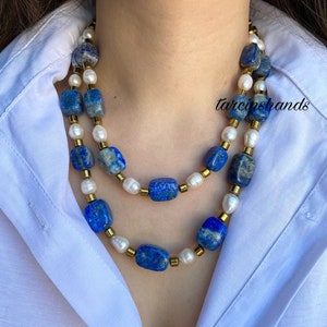 Lapis lazuli necklace with freshwater pearls , layered lapis necklace , multistrand lapis lazuli necklace , chunky raw lapis lazuli necklace image 2