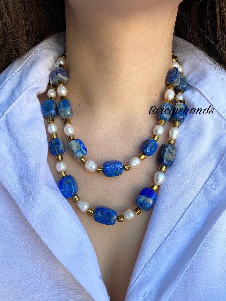 Lapis lazuli necklace with freshwater pearls , layered lapis necklace , multistrand lapis lazuli necklace , chunky raw lapis lazuli necklace image 2