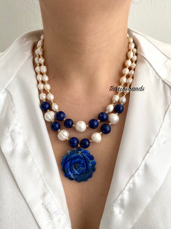 Gold-Plated Lapis Lazuli & Pearl Necklace: Rose Pendant, Multistrand