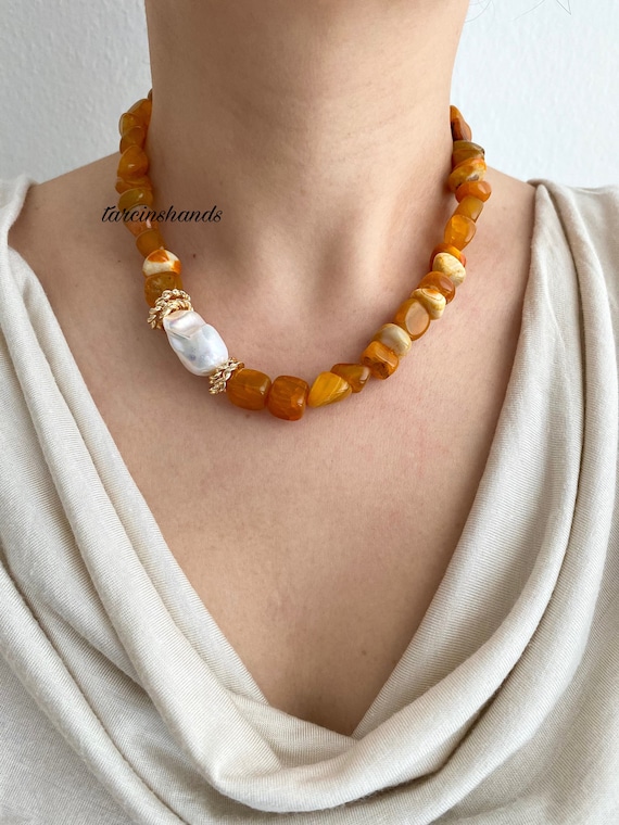 Orange Agate & Baroque Pearl Gold Filled Necklace
