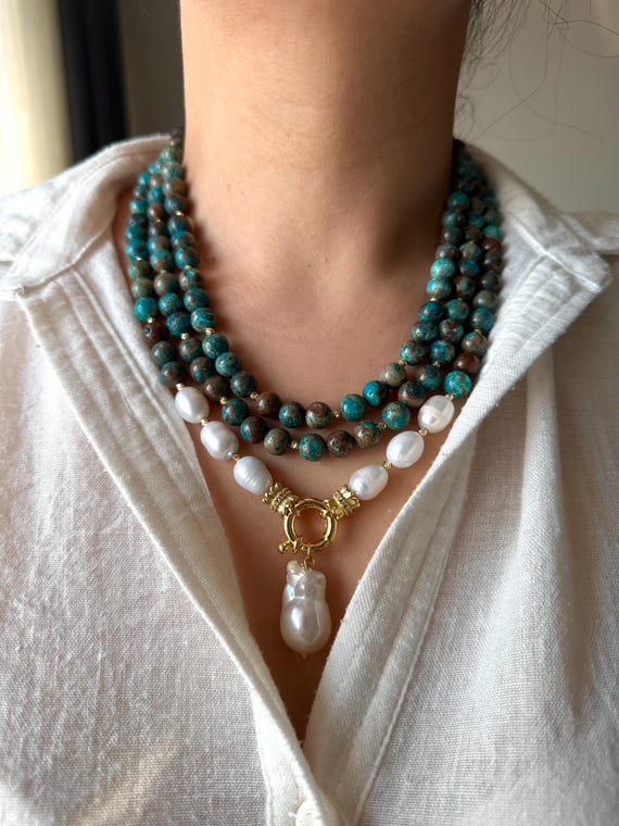 Chrysocolla Baroque Pearl Convertible Necklace, Handmade 2 in 1 Layering Set, Gold Toggle Statement Jewelry, Christmas Gift for Her