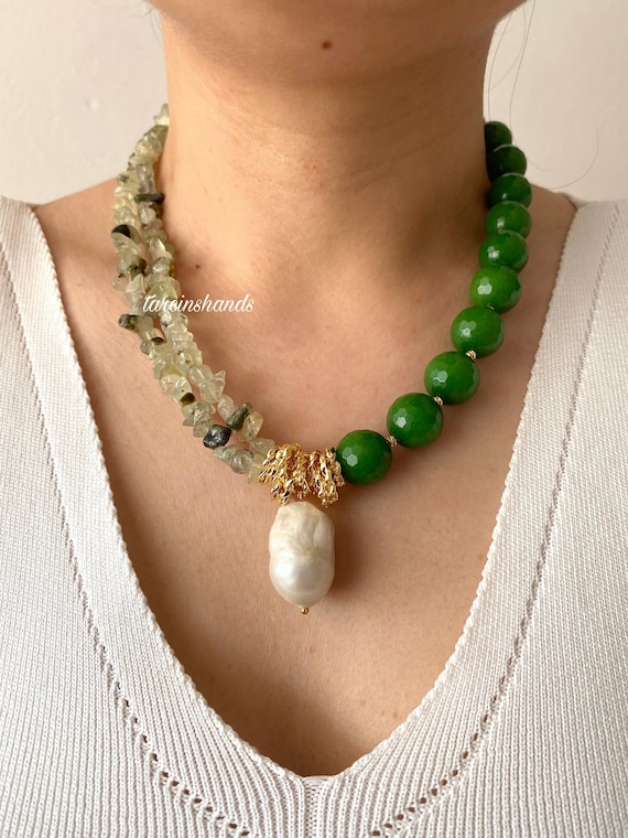 Green Agate & Prehnite Necklace: Baroque Pearl, Gold-Plated Statement Jewelry