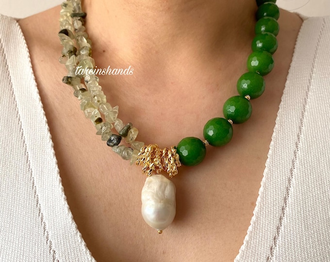 Green Agate and Prehnite Necklace,Big Bold Chunky Semi Precious Stone Necklace,Handmade Statement Gemstone Necklace for Women,Gift Idea