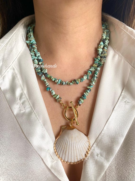 Turquoise & Seashell Necklace: Gold Filled Toggle Clasp, Handmade