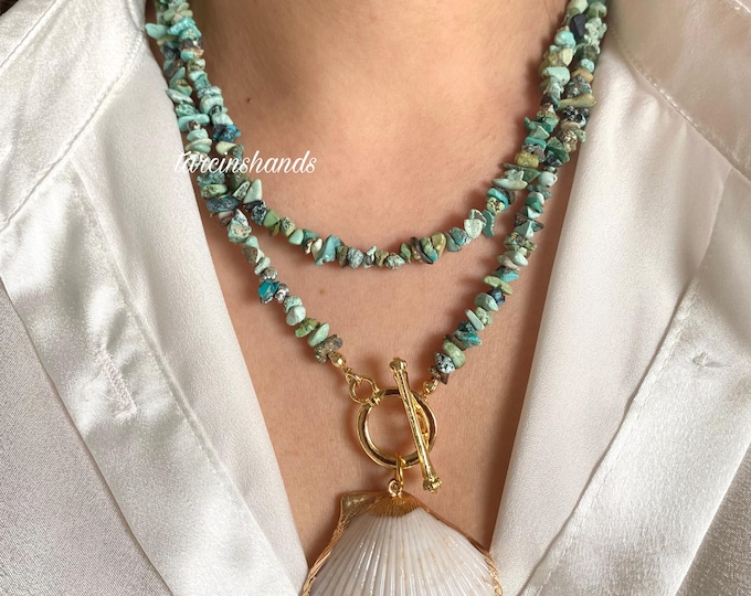 Natural Turquoise Gold Filled Toggle Necklace with Real Seashell Pendant,Multistrand Real Turquoise Necklace,Long Turquoise Shell Necklace