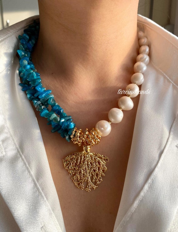 Apatite & Baroque Pearl Necklace: Gold Coral Statement Jewelry