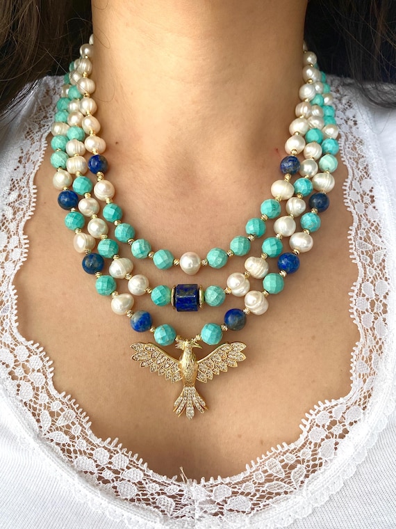 Lapis Lazuli Turquoise Pearl Necklace, Gold Phoenix Pendant, Bohemian Jewelry