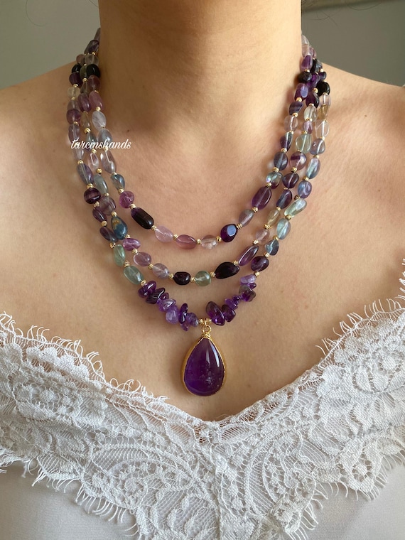 Fluorite Amethyst Multistrand Necklace: Boho Gemstone Layered Jewelry Gift For