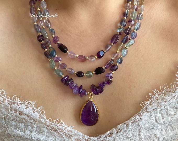 Fluorite and Amethyst Necklace,Multistrand Gemstone Necklace,Statement Semi Precious Stone Layered Necklace,Natural Amethyst Necklace