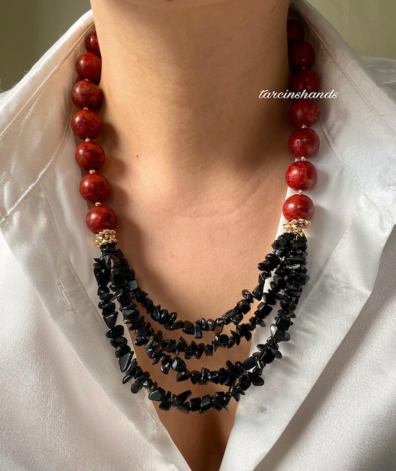 Red Coral & Onyx Gold-Plated Necklace: Chunky Boho Statement