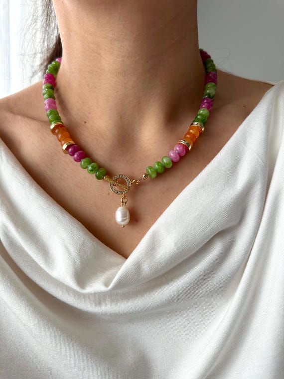 Colorful Agate Necklace,Toggle Clasp Natural Pearl Pendant 17inch Summer Necklace