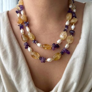 Citrine Amethyst Pearl Multistrand Necklace: Boho Gemstone, Gold Plated