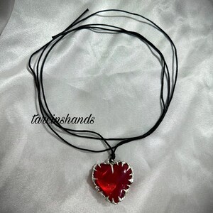 Spiky heart necklace red glass heart pendant necklace , gothic heart necklace , chunky heart necklace , cybery2k jewelry zdjęcie 3