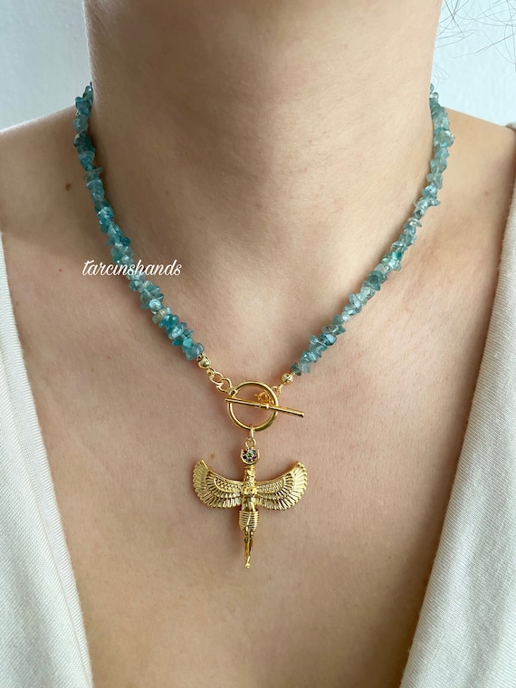 Apatite Goddess Isis Gold Toggle Necklace , Ancient Egypt Pendant Necklace, Natural Apatite Beaded Necklace , Minimalist Gemstone Necklace