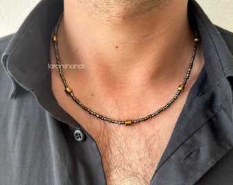 Men Gold Hematite Necklace & Color-Reflecting Seed Beads Handcrafted-- Gift For Himm- Men Necklacess