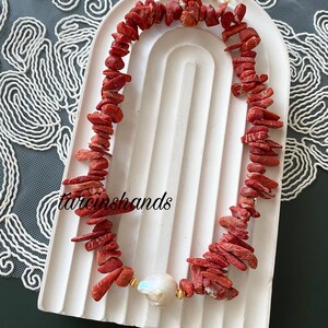 Red Coral Necklace Bohemian Style Gold Plated Necklace with Unique and Natural Red Coral and Baroque Pearl Pendant zdjęcie 4