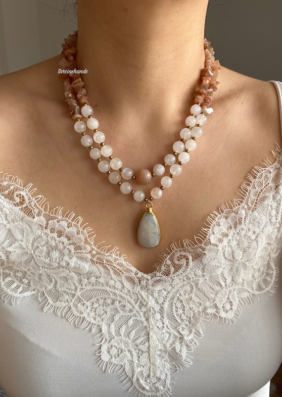 Sun and Moonstones Multistrand 2 Layered Necklace - Crystal Healing Statement Piece