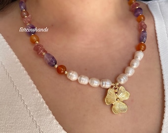 Agate, Rose Quartz & Pearl Necklace: Gold Flower Pendant, Boho Summer Jewelry
