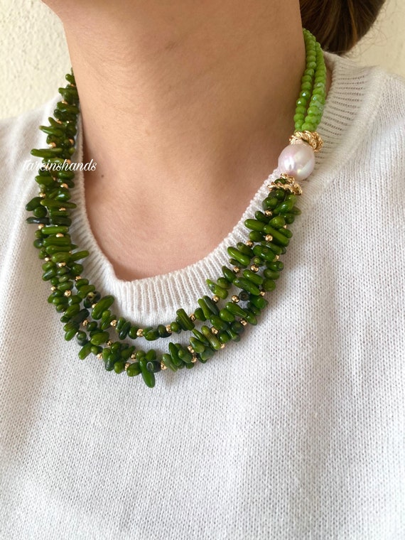 Green Coral Multistrand Necklace: Baroque Pearl Accent, Gold-Plated