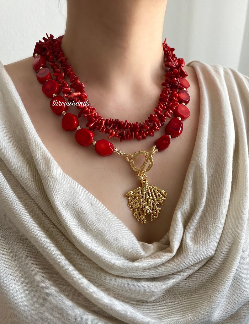 Multistrand Red Coral Necklace with Gold Plated Coral Pendant Bohemian Style image 1