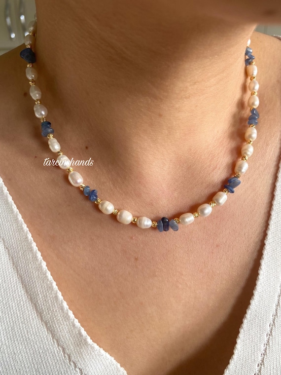 Kyanite and Freshwater Pearl Gold-Plated Necklace: Handmade Gemstone Jewelry