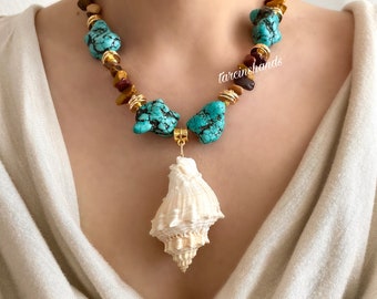 Turquoise Mookaite Jasper Conch Seashell Necklace - Chunky Boho Jewelry