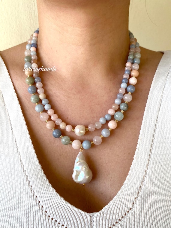 Handmade Multistrand Morganite Necklace: Baroque Pearl Pendant, Pastel Gemstone Statement Jewelry