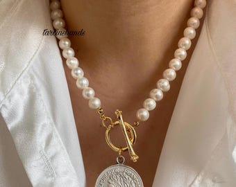 NEW!Real Pearl Coin Pendant Gold Toggle Necklace,Silver and Gold Necklace,Money Necklace,Ancient Money Necklace with Pearl
