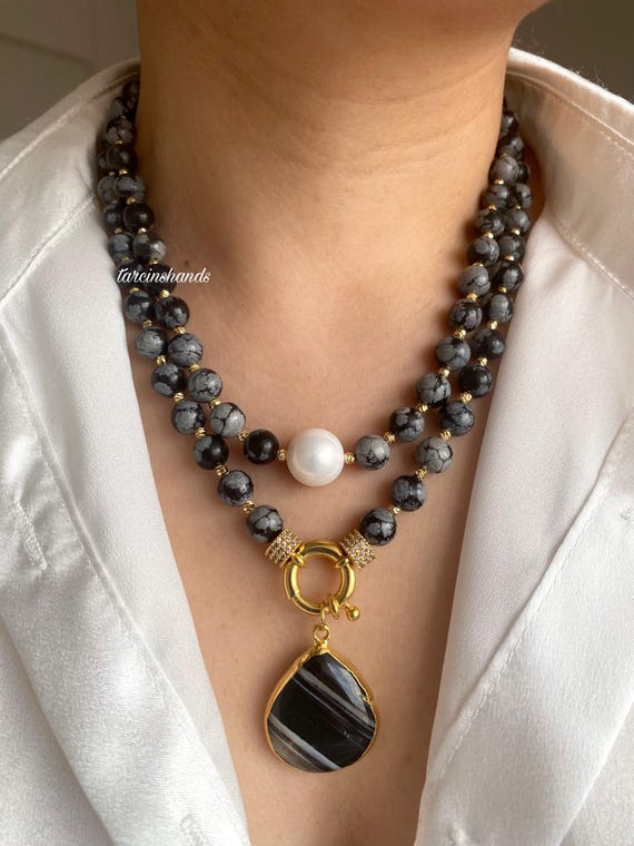 Snowflake Obsidian Multistrand Necklace: Pearl & Agate Pendant