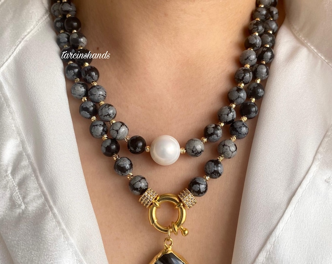 Snowflake Obsidian Mulristrand Gold Filled Necklace with Moss Agate Pendant,Multistrand Statement Black Gemstone Necklace,Gift For Women
