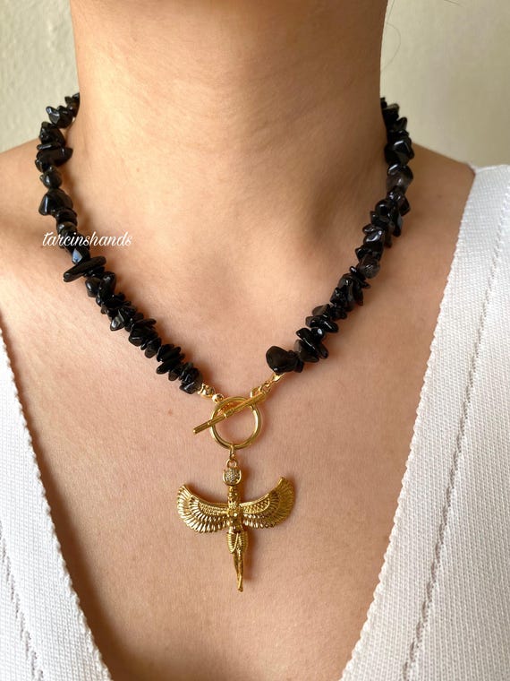 Onyx Gold Toggle Necklace Goddess with Isis Pendant , Ancient Egypt Necklace , Black Semi Precious Stone Necklace with Mythological Pendant