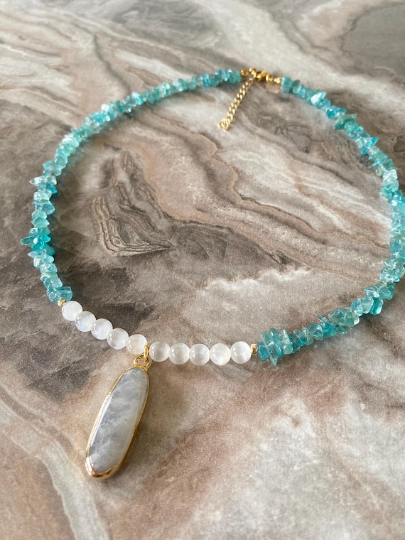 Apatite Selenite Moonstone Necklace, Gold Plated Gemstone Beaded Boho Necklace