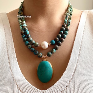 Handcrafted Turquoise Chrysocolla Necklace: Boho Pearl Multistrand