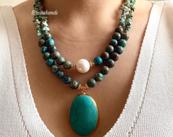 Handcrafted Turquoise Chrysocolla Necklace: Boho Pearl Multistrand