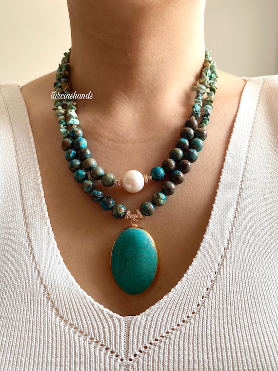 Handcrafted Turquoise Chrysocolla Necklace: Boho Pearl Multistrand