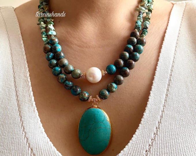 Turquoise and Chrysocolla Necklace,Multistrand Natural Turquoise Pearl Necklace,Blue Semi Precious Stone Summer Boho Beaded Layered Necklace