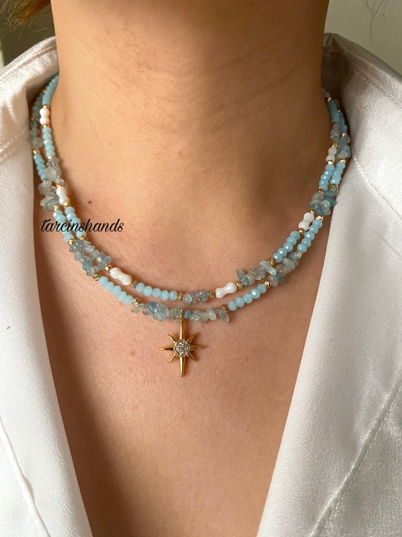 Aquamarine Mother of Pearl Gold Necklace: North Star Pendant