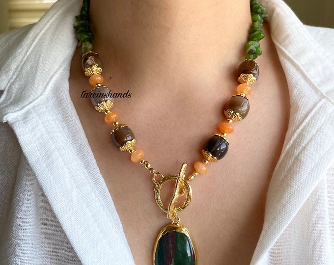 Chunky Natural Agate Aventurine And Orange Agate Gold Toggle Necklace with Agate Pendant , Multistone Gold Plated Boho Necklace