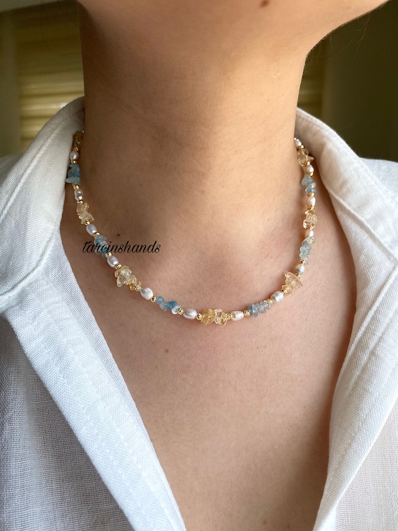 Gold-Plated Minimalist Elegant Necklace with Aquamarine, Citrine, and Freshwater Pearl