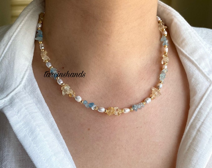 Gold-Plated Minimalist Elegant Necklace with Aquamarine, Citrine, and Freshwater Pearl