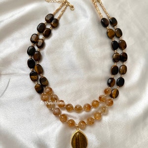 Multistrand Citrine and Tiger's Eye Gold Necklace with Tiger's Eye Stone Pendant , Brown and Yellow Gemstone Necklace , Statement Gemstone image 4