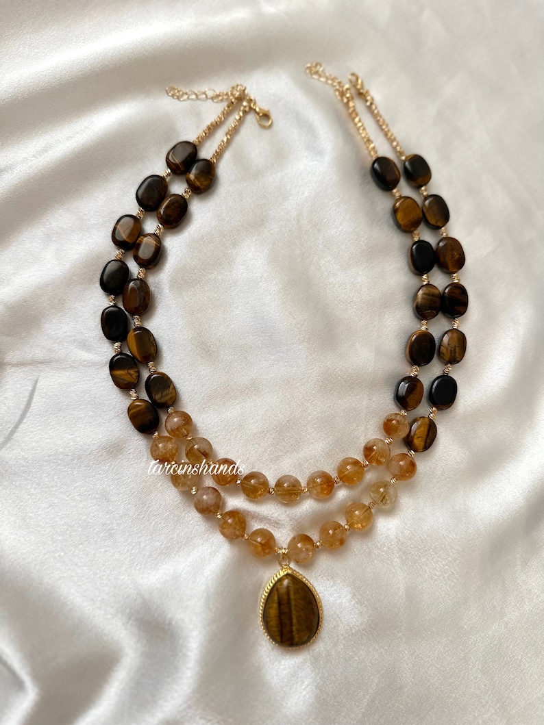 Multistrand Citrine and Tiger's Eye Gold Necklace with Tiger's Eye Stone Pendant , Brown and Yellow Gemstone Necklace , Statement Gemstone image 4